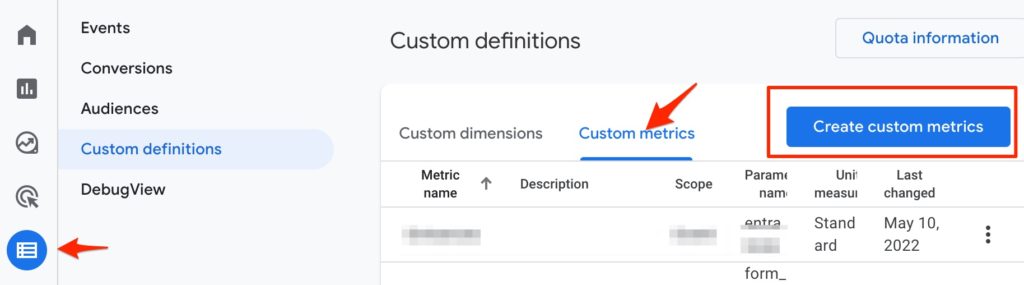 Create Custom Metrics location in GA4 interface
