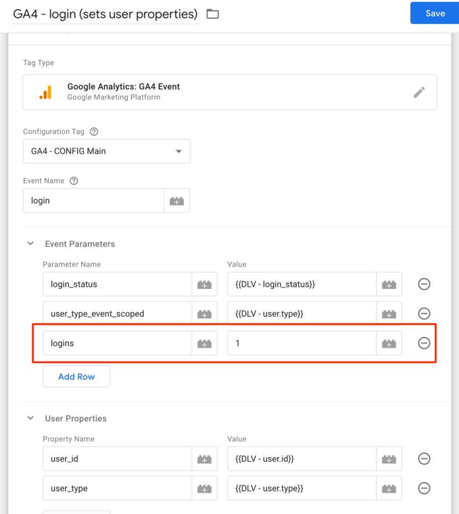 GTM settings with "logins" event parameter for the custom metric